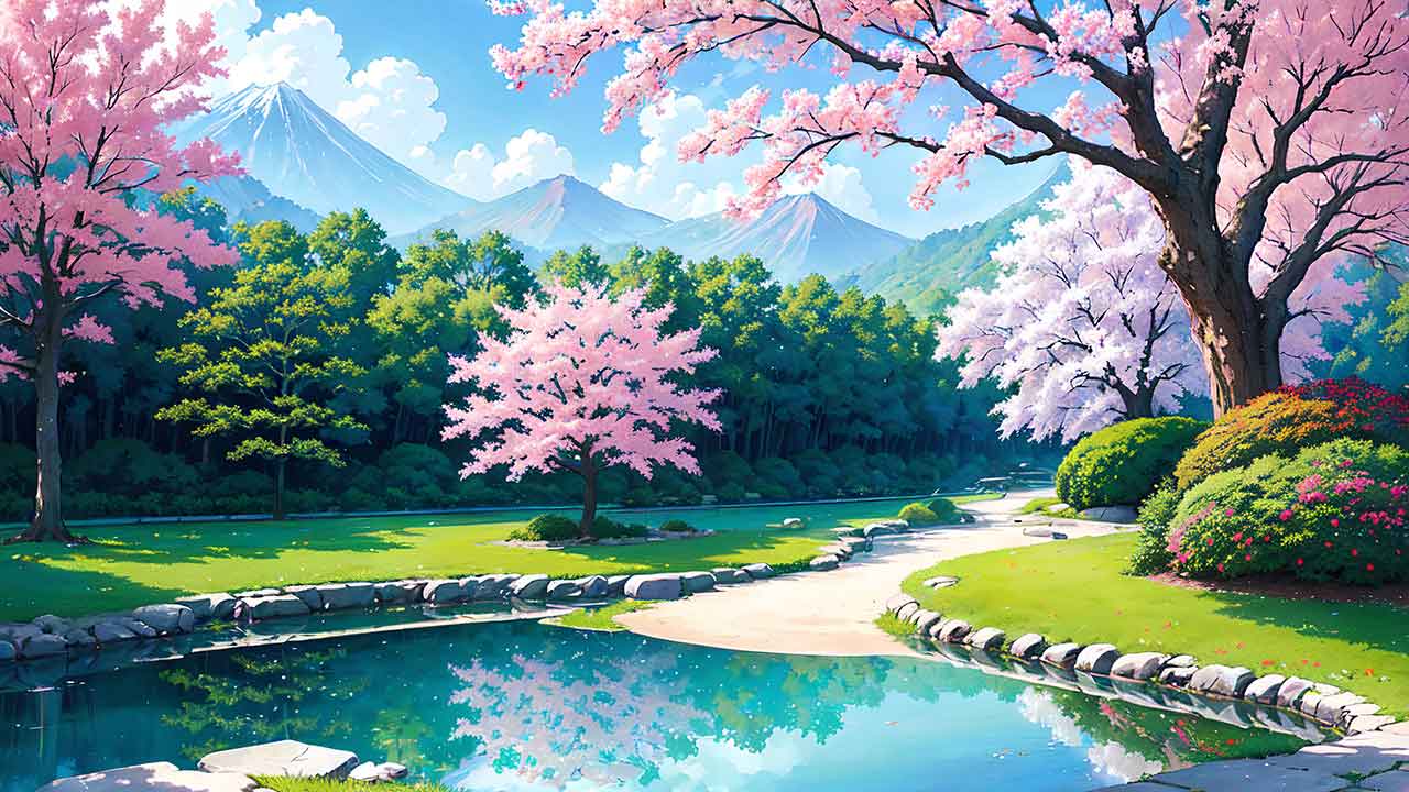 Beautiful places in japan in anime painting style