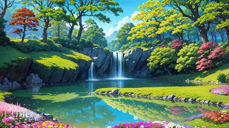 Beautiful places in japan in anime painting style