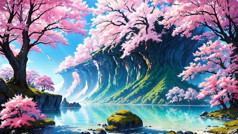 Beautiful places in japan in anime painting style