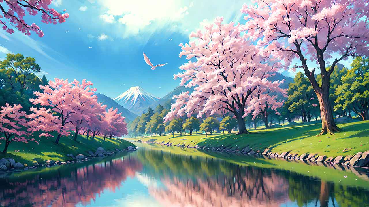 Beautiful places in japan in anime painting style