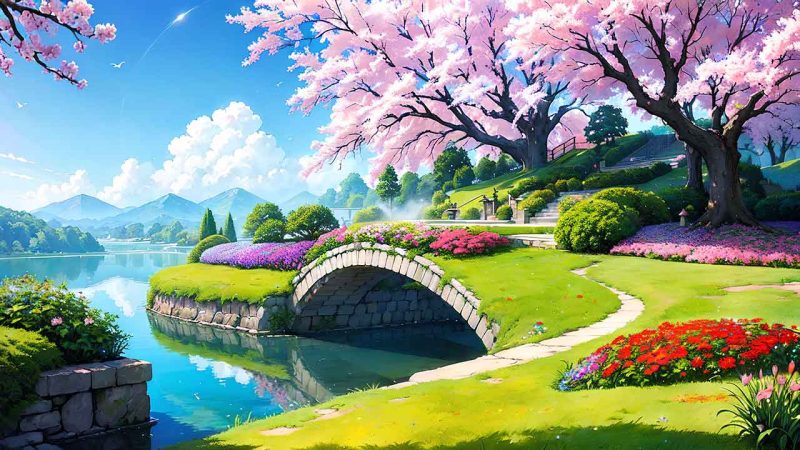 Beautiful places in japan in anime painting style