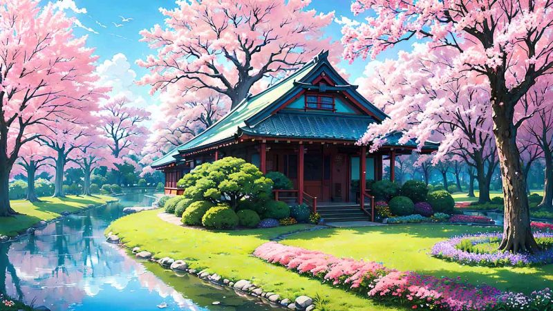 Beautiful places in japan in anime painting style