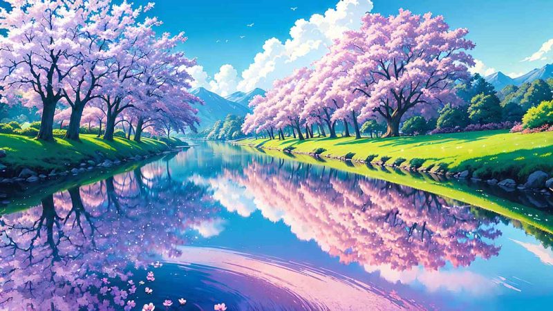 Beautiful places in japan in anime painting style