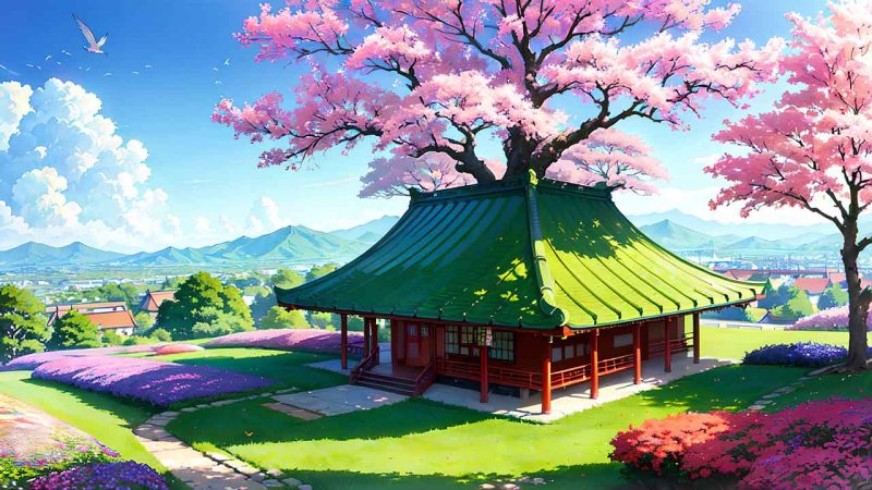 Beautiful places in japan in anime painting style