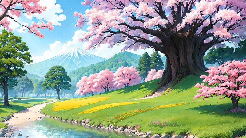 Beautiful places in japan in anime painting style