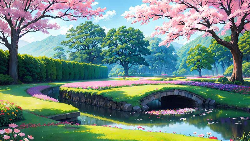 Beautiful places in japan in anime painting style