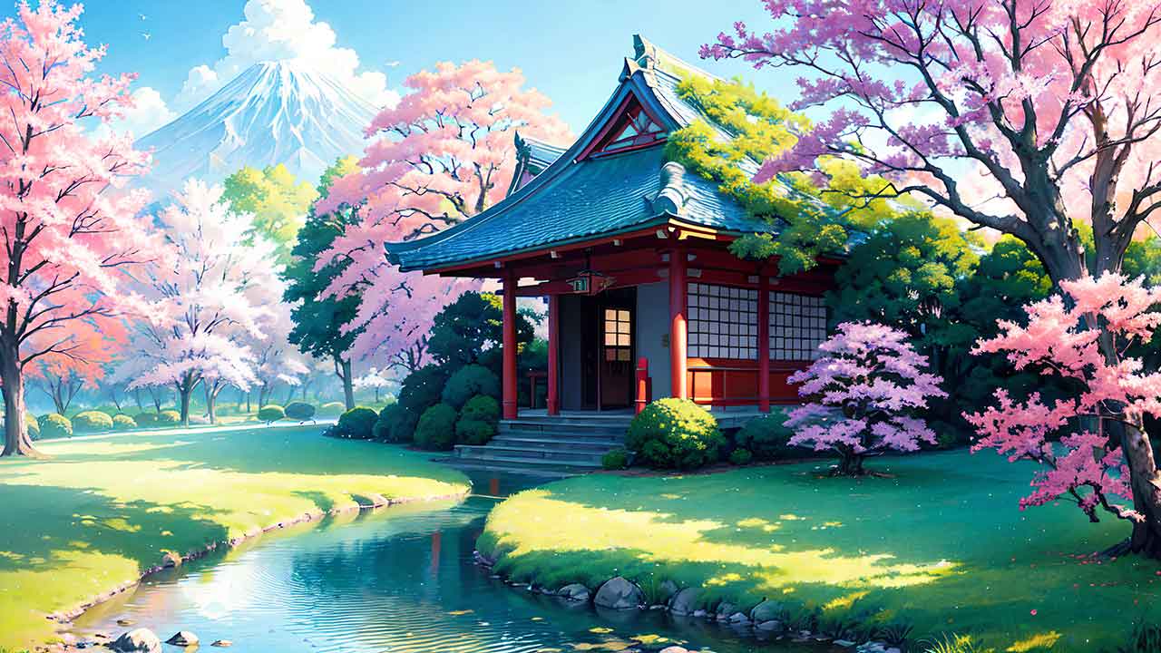 Beautiful places in japan in anime painting style