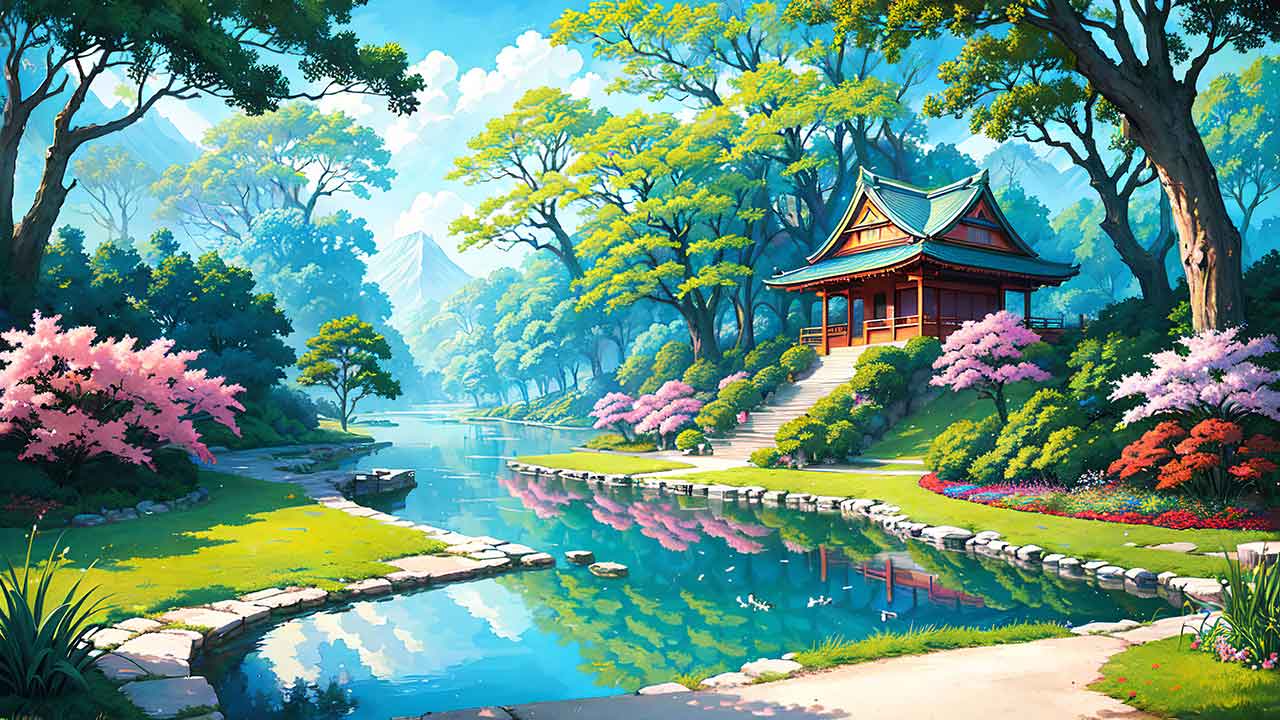 Beautiful places in japan in anime painting style