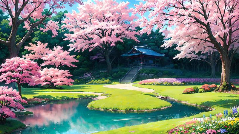 Beautiful places in japan in anime painting style