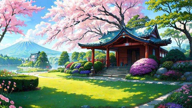 Beautiful places in japan in anime painting style