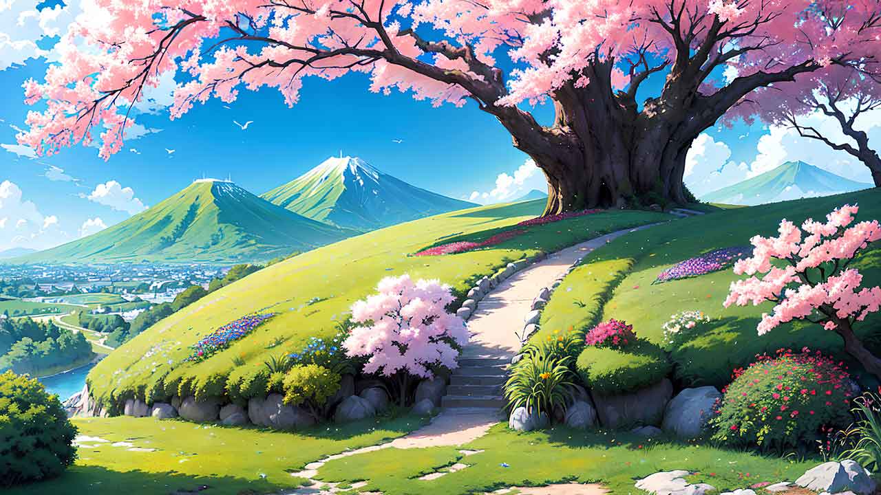 Beautiful places in japan in anime painting style