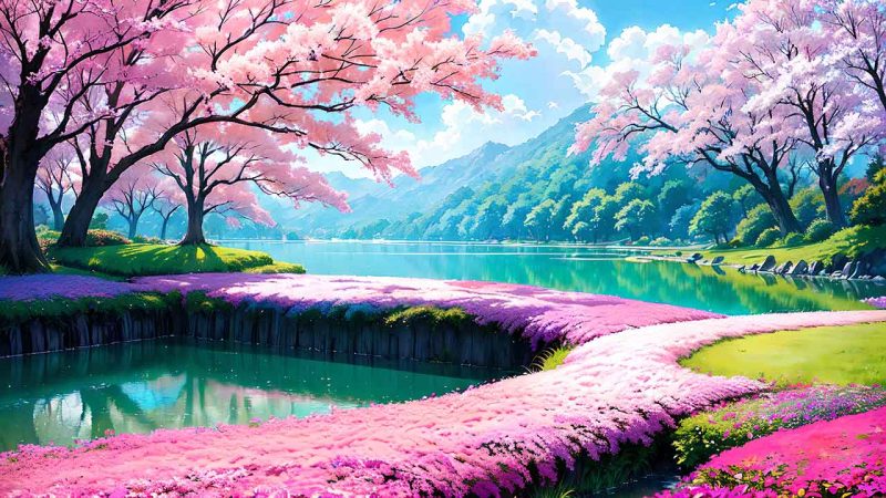 Beautiful places in japan in anime painting style