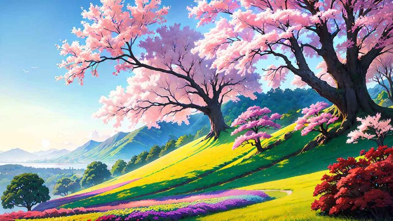 Beautiful places in japan in anime painting style