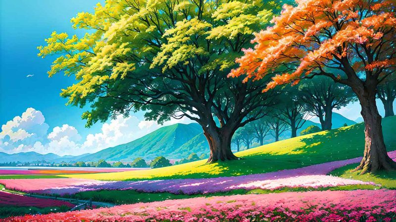 Beautiful places in japan in anime painting style