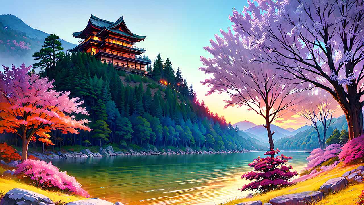 Beautiful places in japan in anime painting style