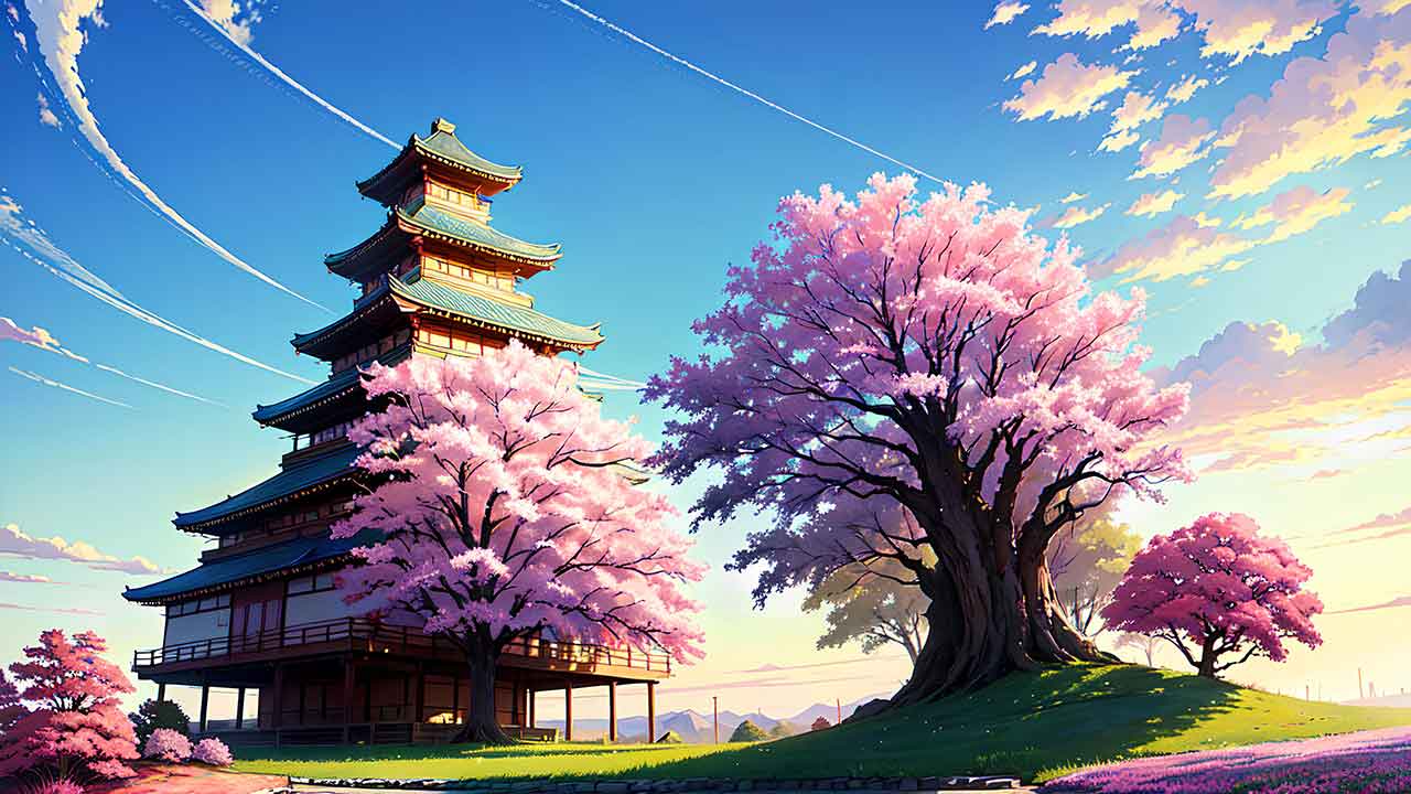 Beautiful places in japan in anime painting style