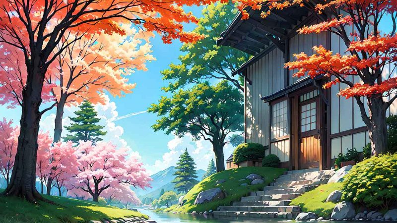 Beautiful places in japan in anime painting style