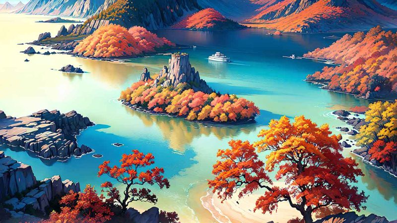 Beautiful places in japan in anime painting style