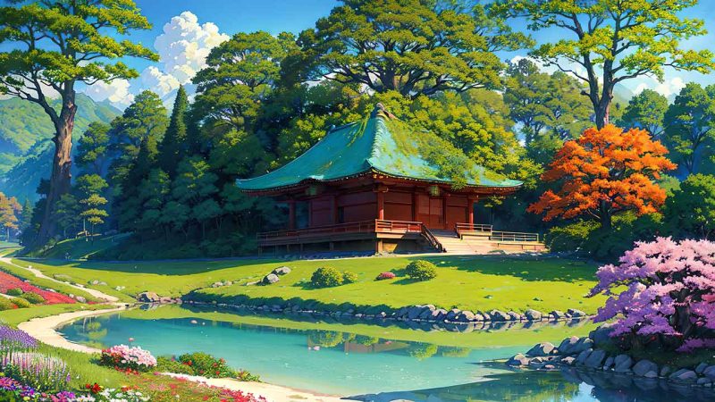 Beautiful places in japan in anime painting style