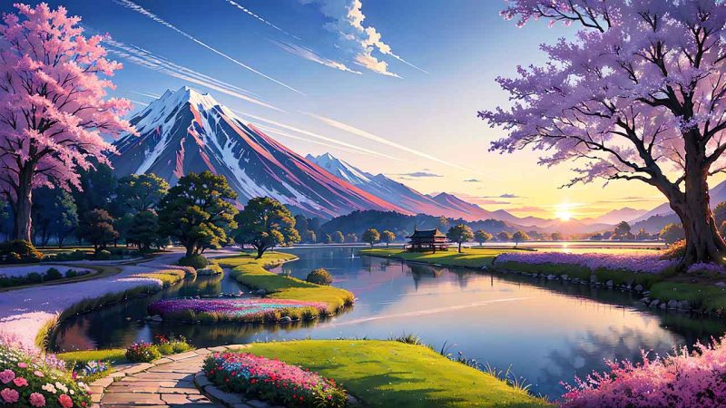 Beautiful places in japan in anime painting style