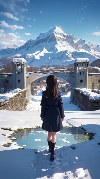 Girl and ancient village for phone wallpaper