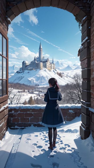 Girl and ancient village for phone wallpaper