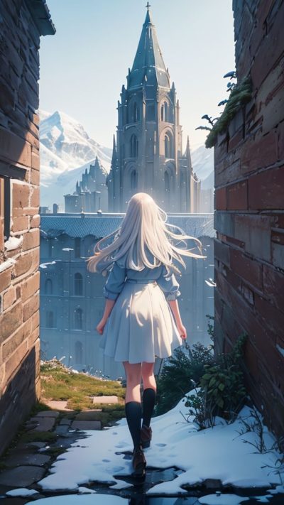 Girl and ancient village for phone wallpaper