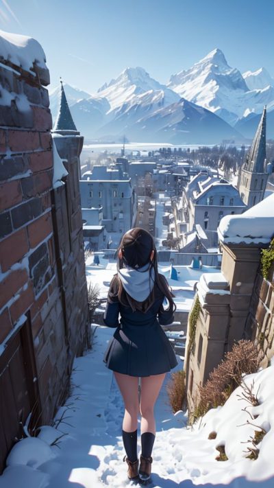 Girl and ancient village for phone wallpaper