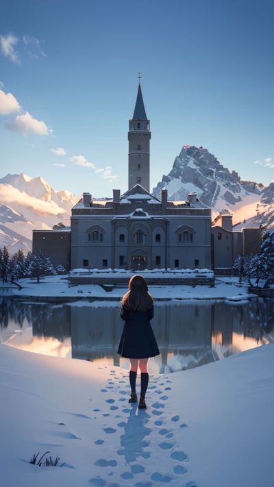 Girl and ancient village for phone wallpaper