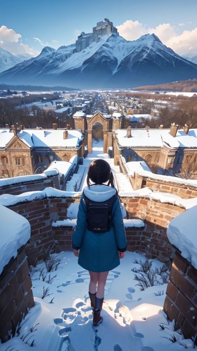 Girl and ancient village for phone wallpaper