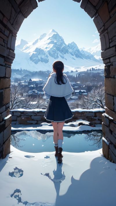 Girl and ancient village for phone wallpaper