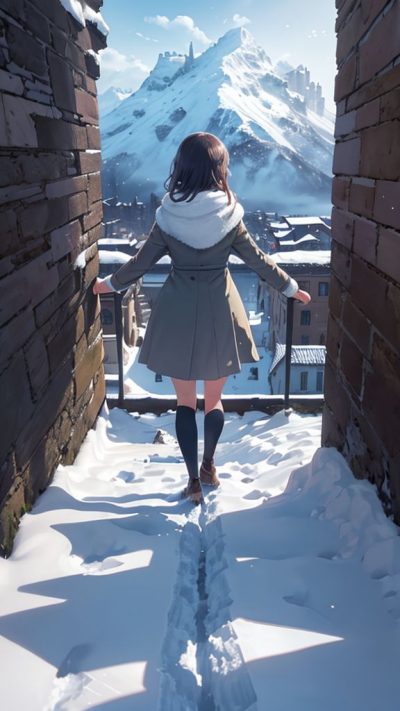 Girl and ancient village for phone wallpaper