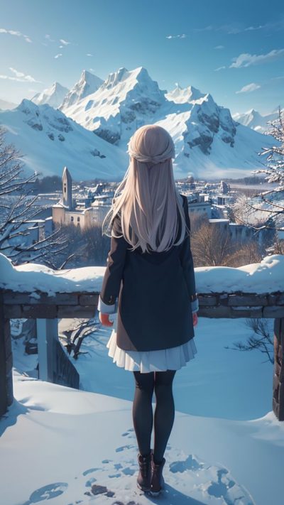 Girl and ancient village for phone wallpaper