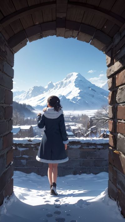 Girl and ancient village for phone wallpaper