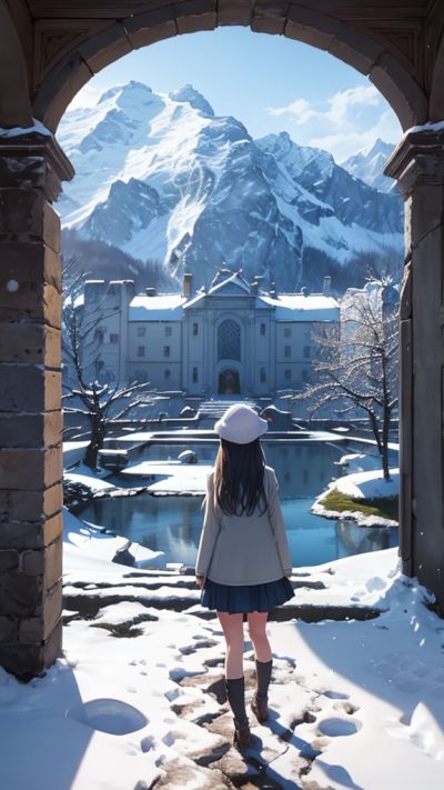 Girl and ancient village for phone wallpaper