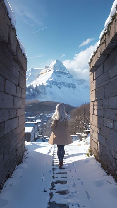 Girl and ancient village for phone wallpaper