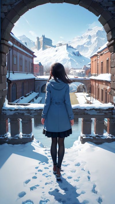 Girl and ancient village for phone wallpaper