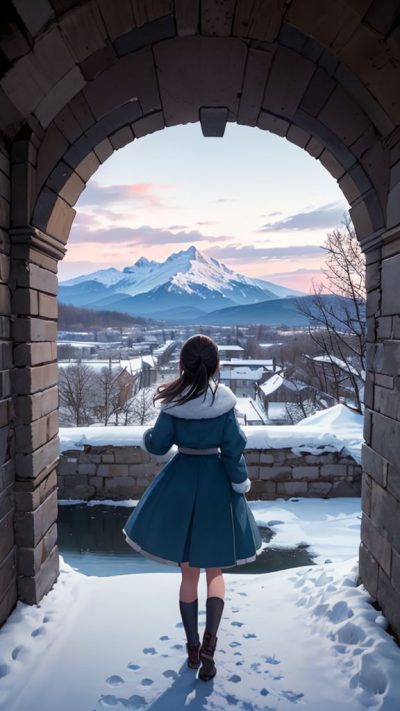 Girl and ancient village for phone wallpaper