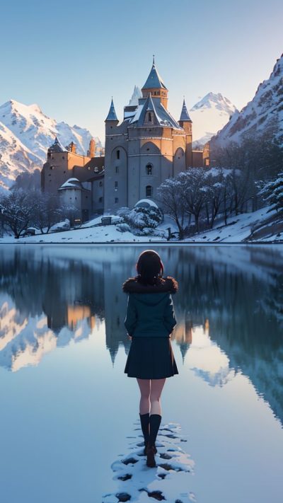 Girl and ancient village for phone wallpaper