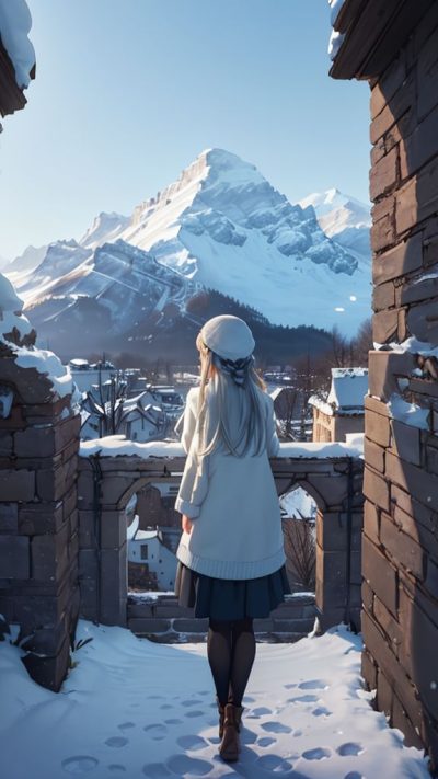 Girl and ancient village for phone wallpaper