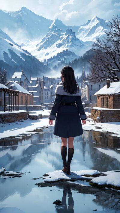 Girl and ancient village for phone wallpaper