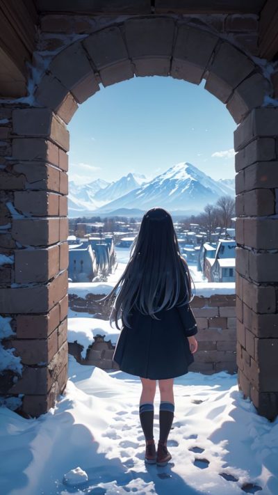 Girl and ancient village for phone wallpaper