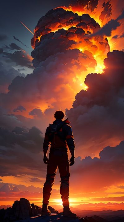 Man and volcanic eruption scene for phone wallpaper