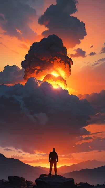 Man and volcanic eruption scene for phone wallpaper