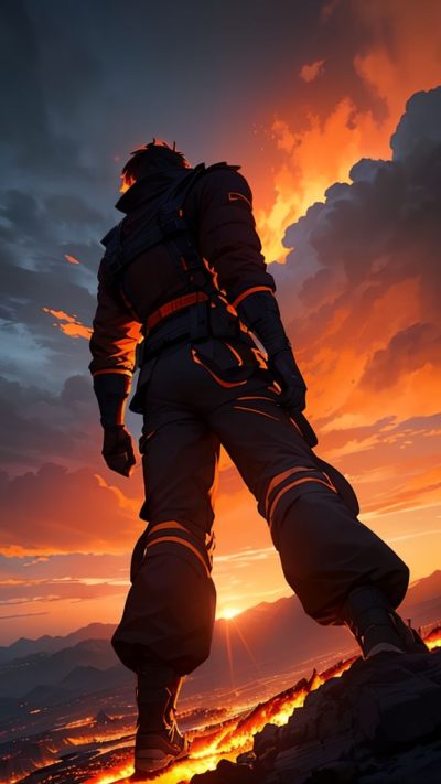 Man and volcanic eruption scene for phone wallpaper