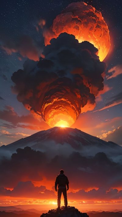 Man and volcanic eruption scene for phone wallpaper