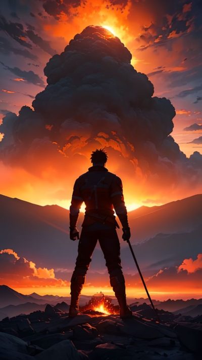 Man and volcanic eruption scene for phone wallpaper