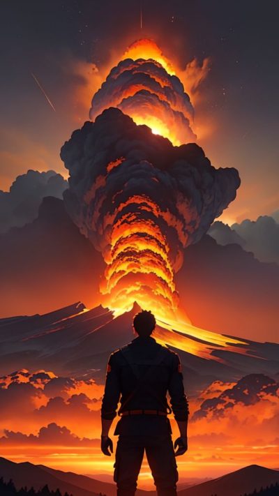 Man and volcanic eruption scene for phone wallpaper