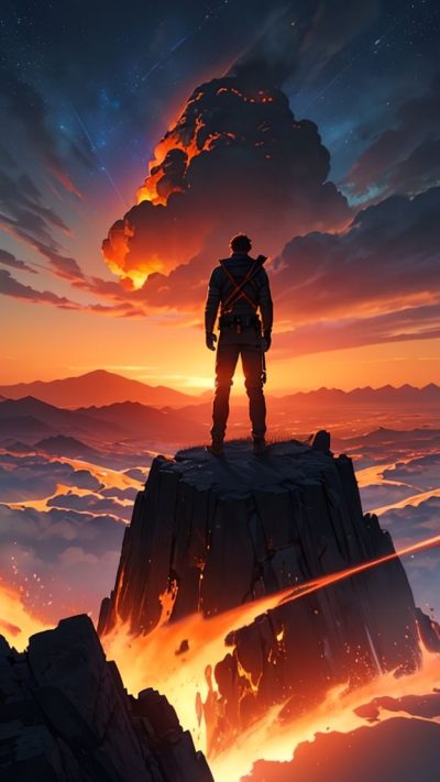 Man and volcanic eruption scene for phone wallpaper