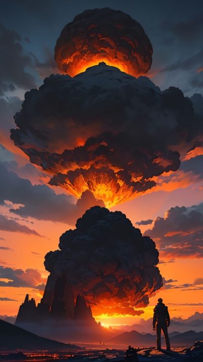 Man and volcanic eruption scene for phone wallpaper